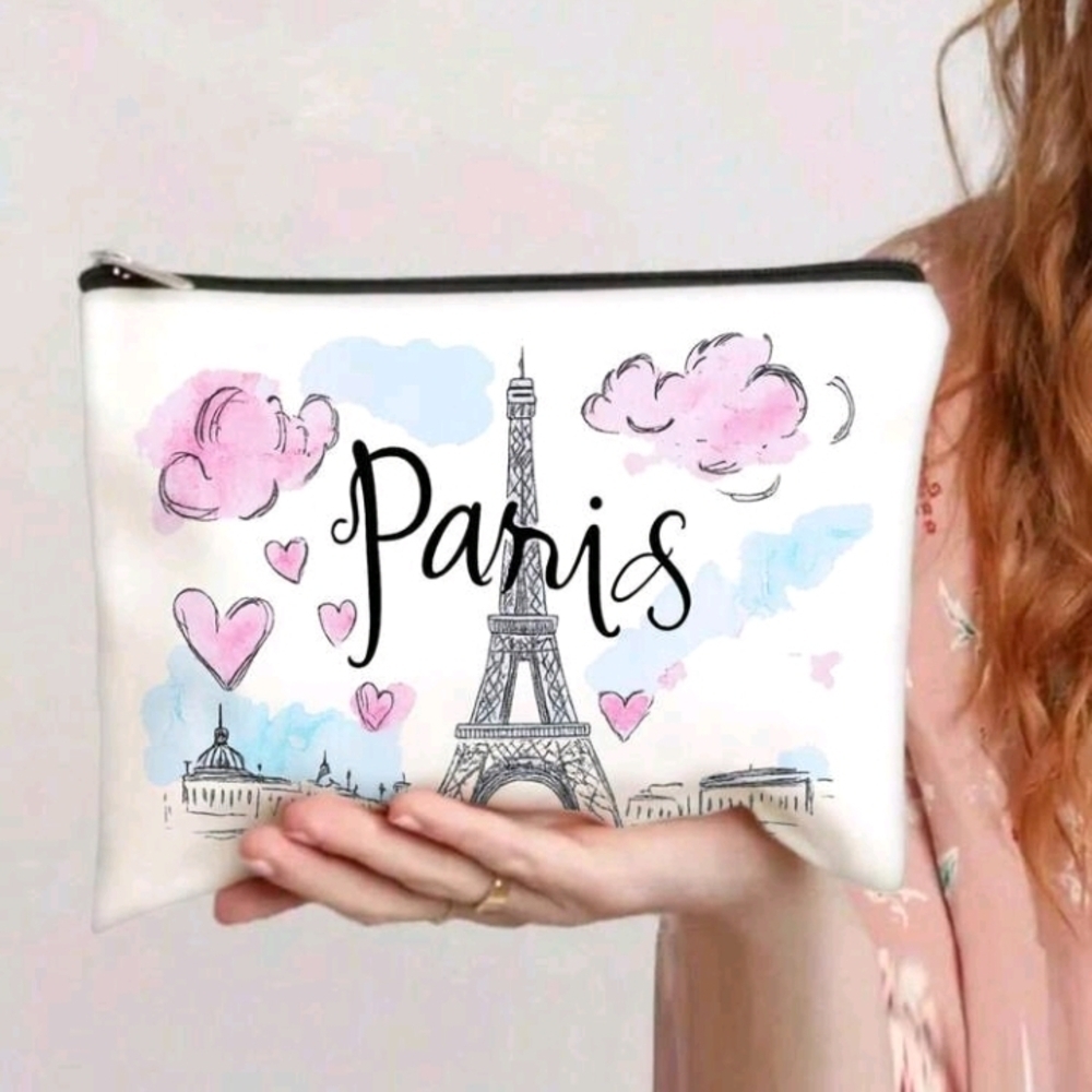 Paris Eiffel Tower Themed White Pink Zip Pouch Purse